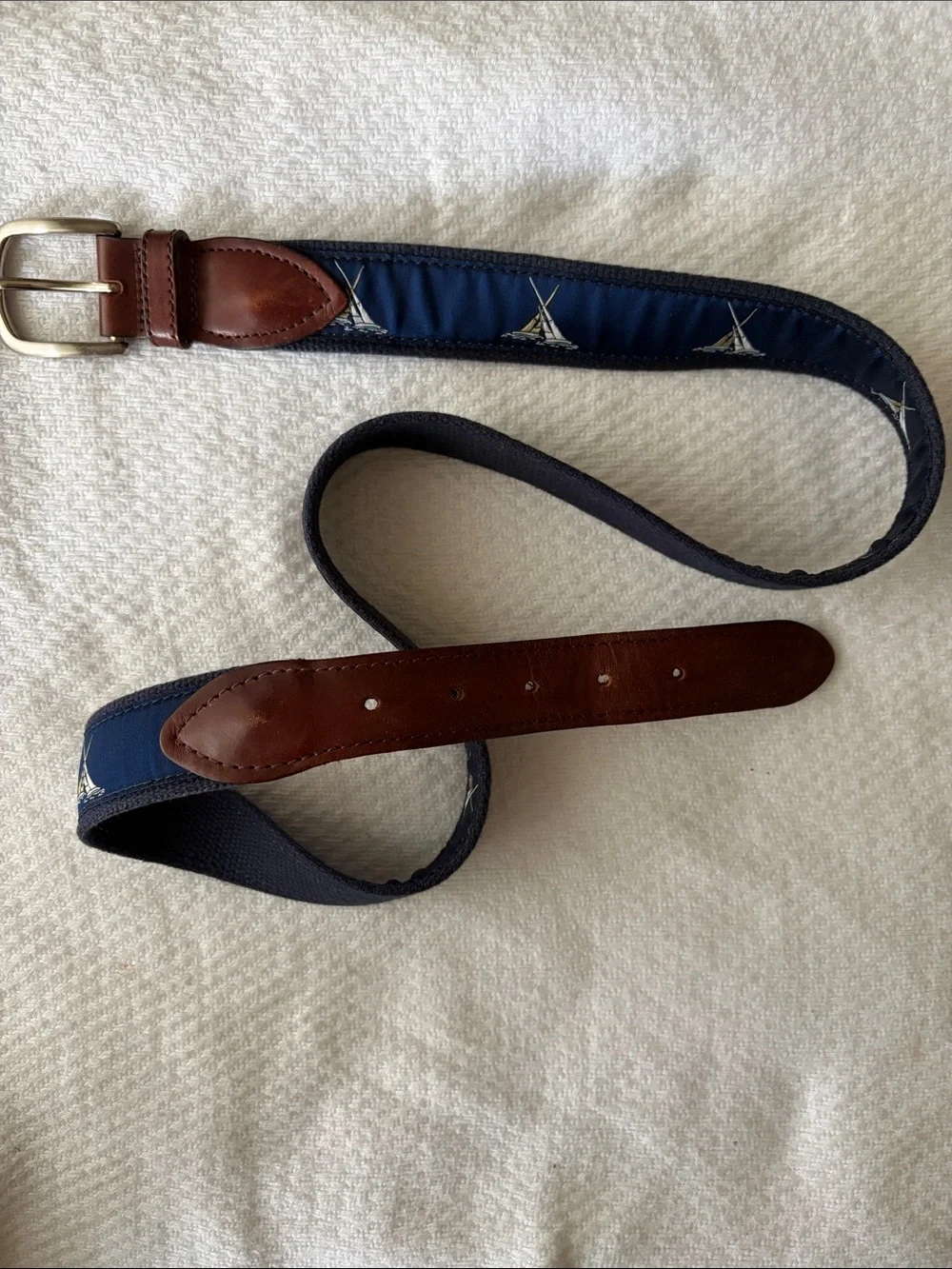 THE BELTED COW CO-Navy Blue Sail Boat Solid Brass Buckle Belt Maine USA Sz 38